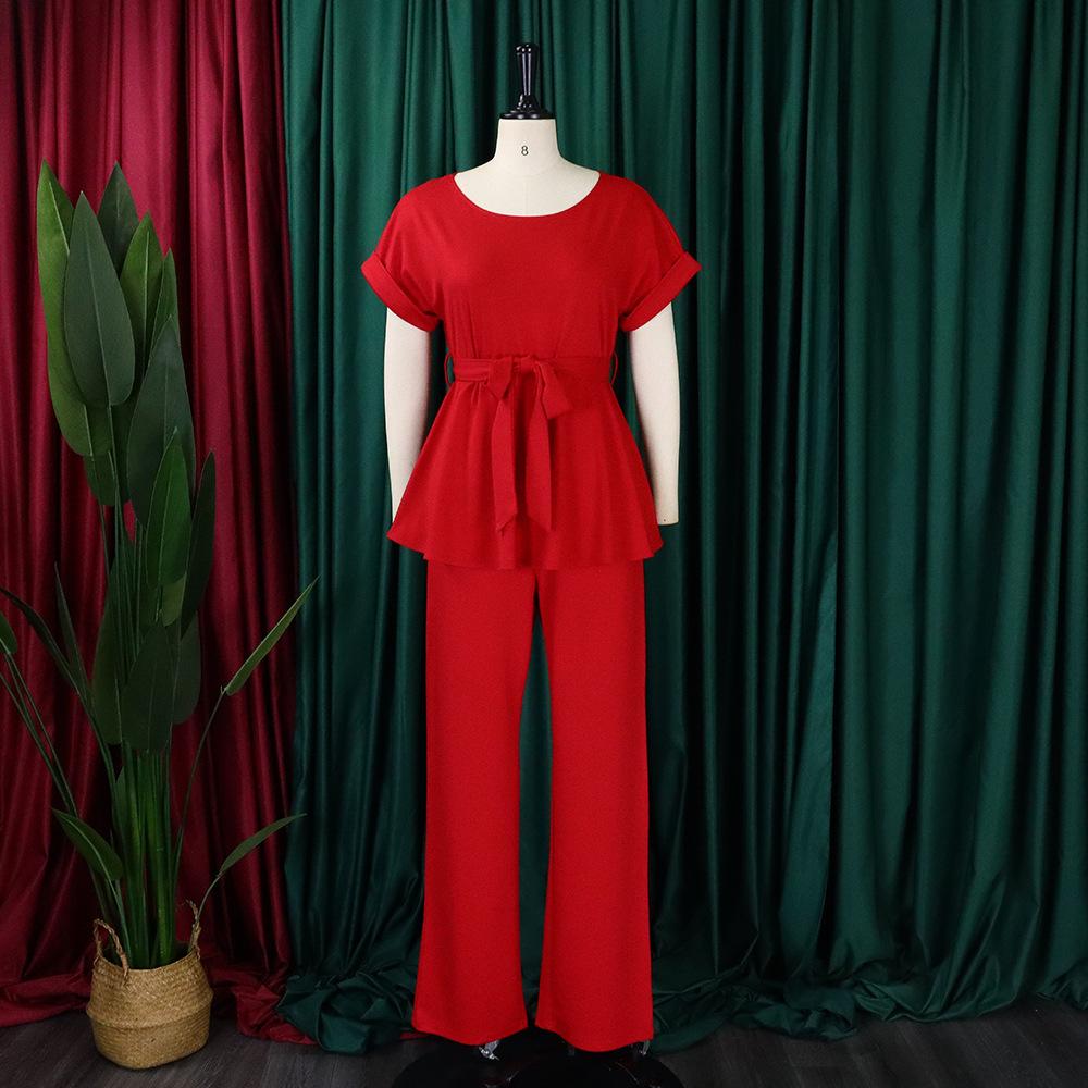 Plus Size Summer Women's Solid Color Tie Short Sleeve Top High Waist Wide Leg Pants Fashion Casual Set