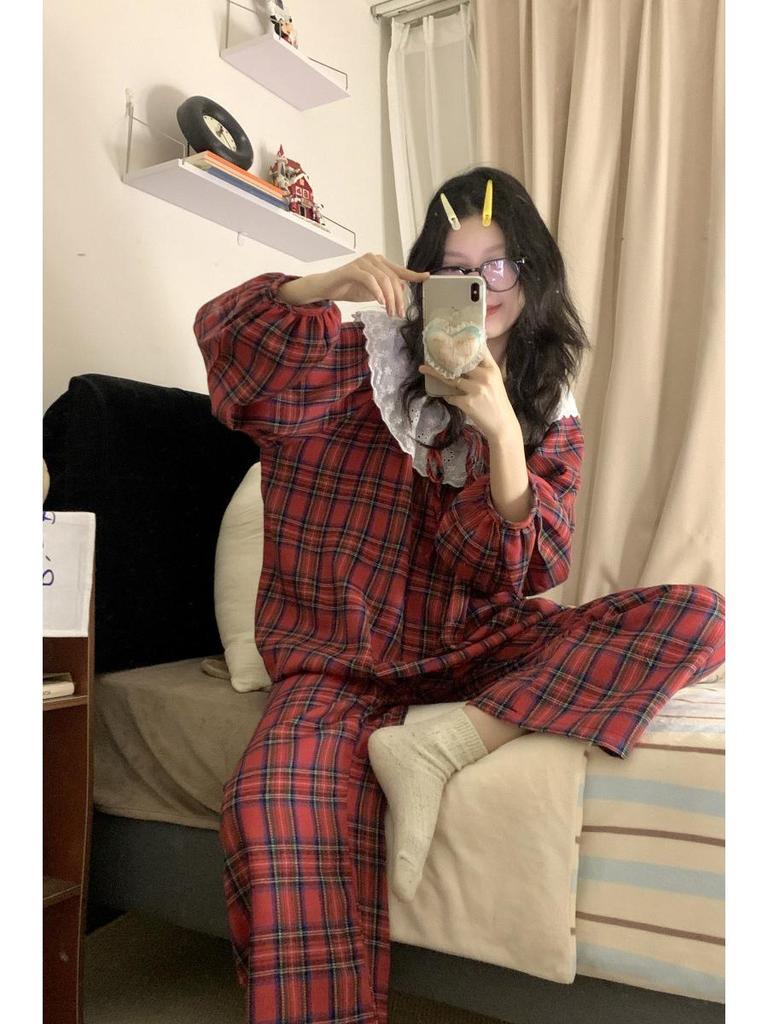 Women's Red Plaid Lace Trim Pajama Set - Long Sleeve & Pants