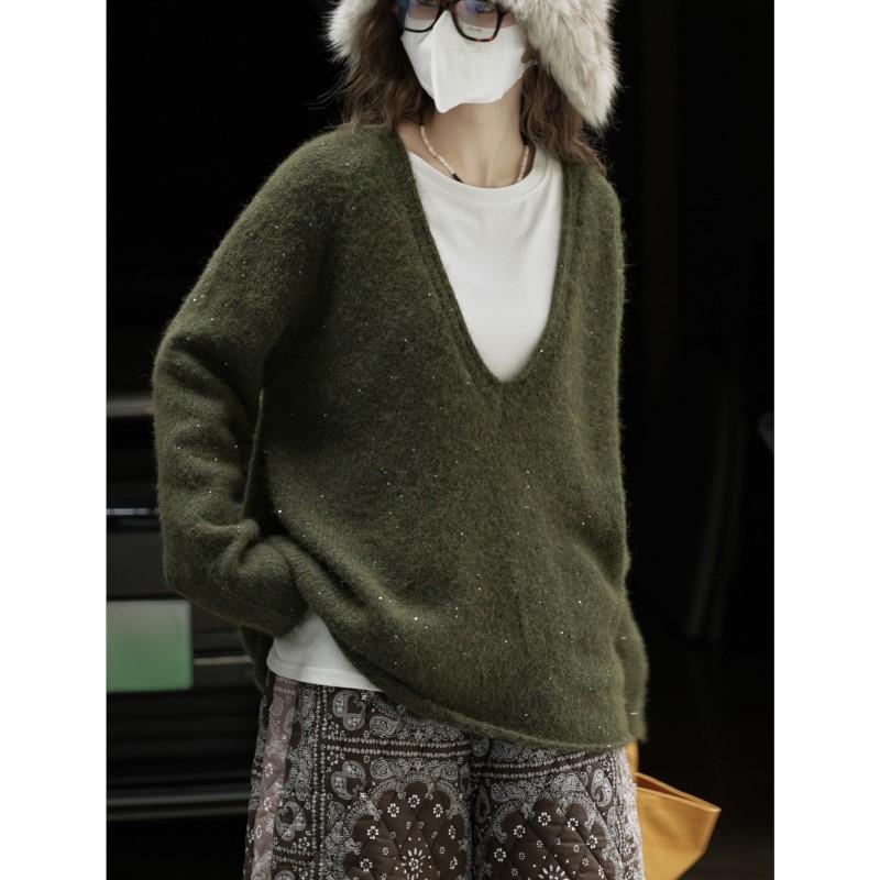 Johnature Зимний корейский стиль V-образный вырез вязаный свитер свободный повседневный пуловер простой зеленый женский свитер