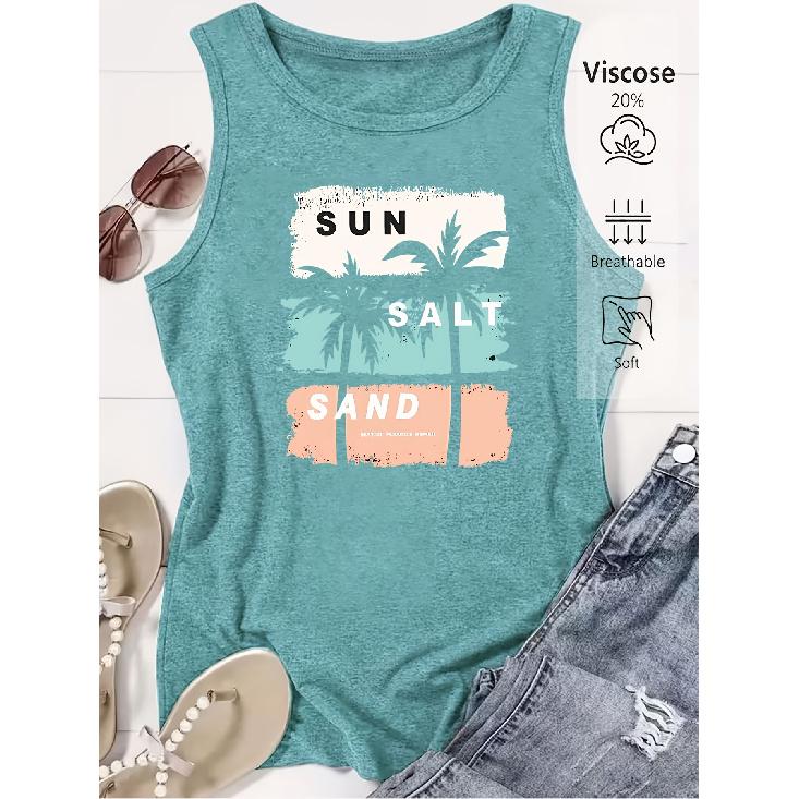 Elegant Vest for Women Tropical SUN SALT SAND Coconut Tree Print Casual Loose Summer Vest Fashionable and elegant tops for commuting, vacation, and