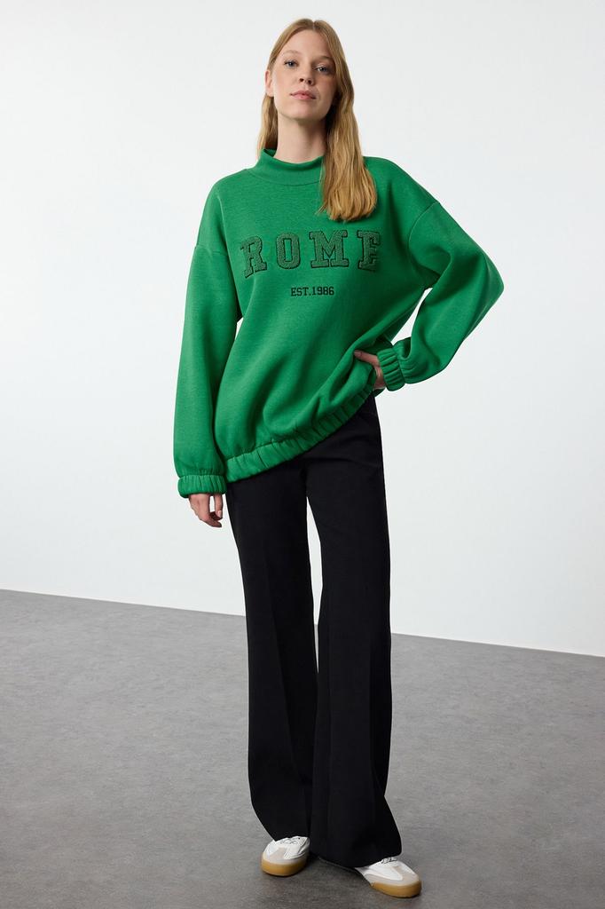 Женская модная стильная толстовка зеленого цвета с подробной вышивкой, широкий вязаный свитшот оверсайз