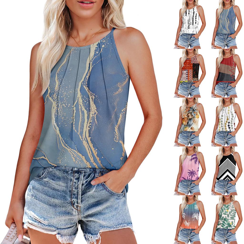 Женские летние майки-топы с плиссировкой и принтом O-образного выреза, повседневные майки-топы для женщин, свободные рубашки без рукавов