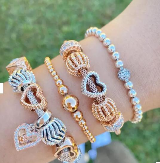 Open Heart & Rose Flowers Charm,Beaded Open Heart Charm SS925 Silver Romatic For Bracelet DIY Making Gift for Lover