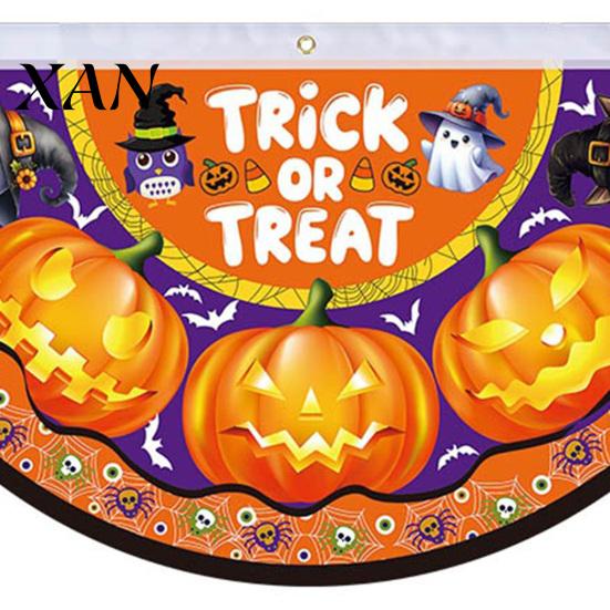 Outdoor Halloween Decorations Semi Circle Bunting Banner, Pumpkin Bat Porch Yard Decor, Durable Event Banner Spooky Festive Hanging Flag for