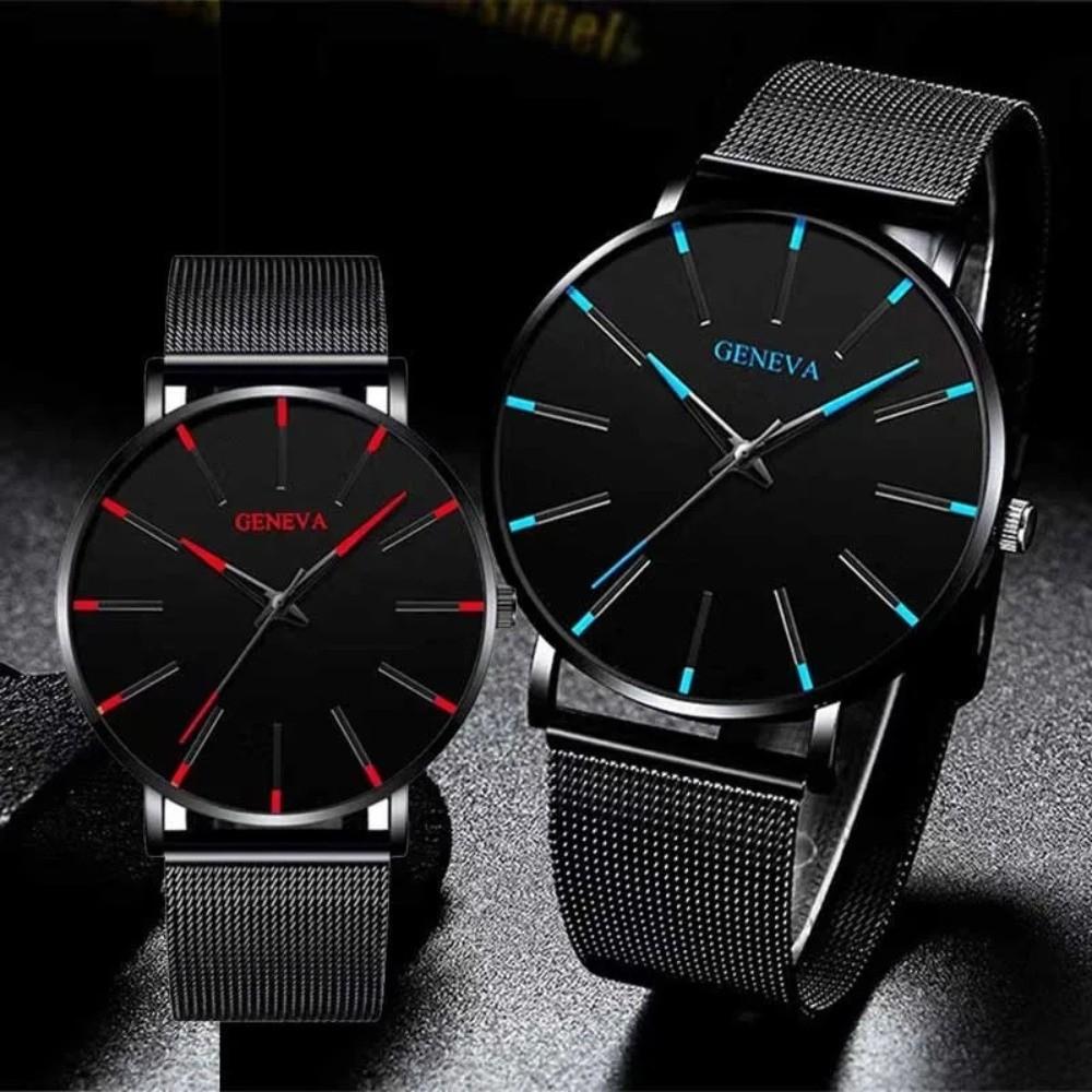 Classic Black Ultra Thin Watches Alloy Mesh Belt Quartz Watch Luxury Mens Wristwatch Leisure Time