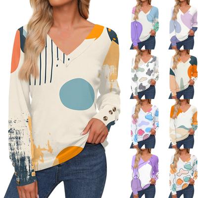 Женская повседневная модная рубашка с длинными рукавами и манжетами на пуговицах, свободная футболка с V-образным вырезом, осенняя одежда