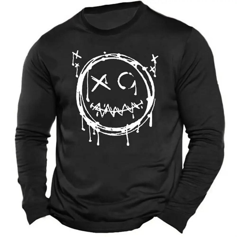 Футболка с длинным рукавом с 3D-принтом и рисунком смайлика для мужчин, простая мода, с объемным круглым вырезом и длинным рукавом