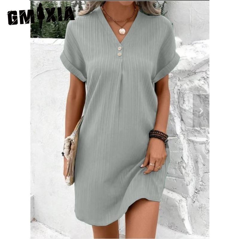 GMXIA Women's Fashion Summer Spring Solid Color Print Short Sleeve V-Neck High Waist Casual Dresses