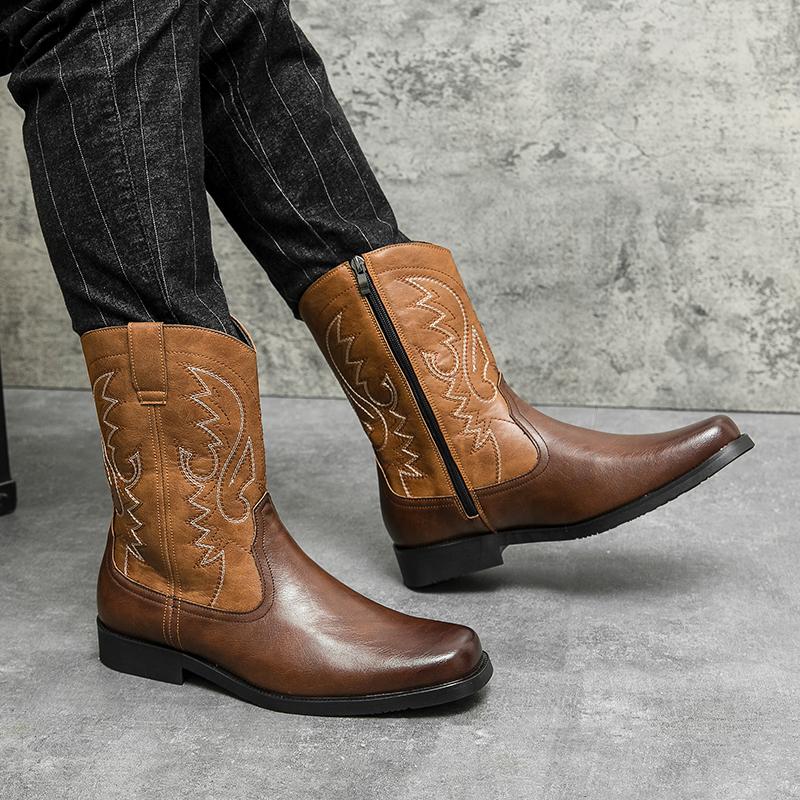 High Quality Embroidery Leather Boots Men Classic High Top British Men's Boots Motorcycle Shoes Men Ankle Western Cowboy Boots Male