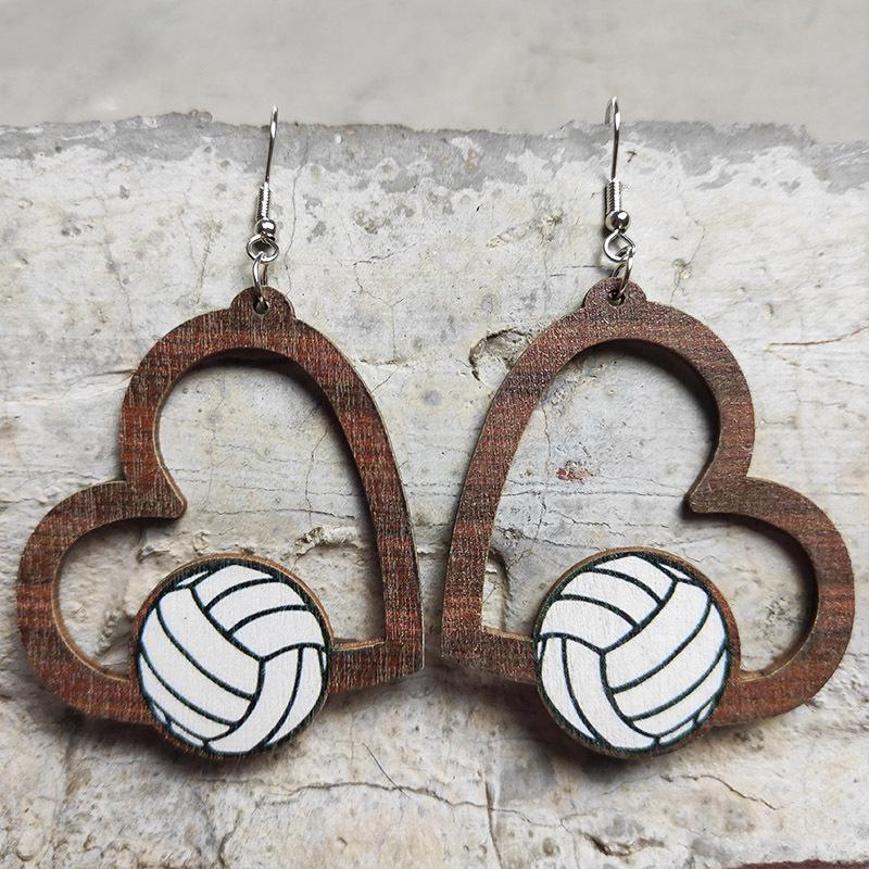 Heart-shaped sports earrings, football, World Cup, baseball, rugby, basketball, tennis, volleyball, geometric hollow earrings