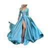Sexy Deep V-Neck Maxi Dress for Women Sheer Lace Long Sleeve High Split Cocktail Party Dress Formal Evening Gown