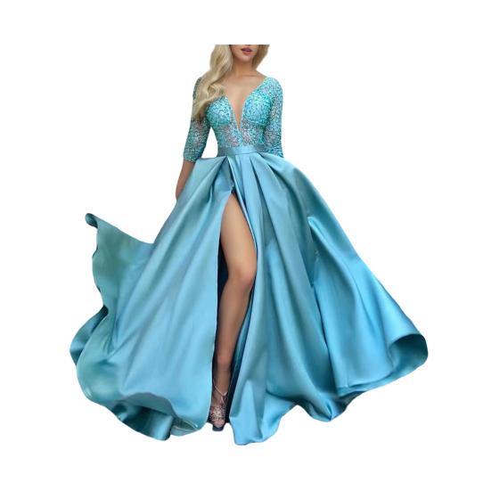 Sexy Deep V-Neck Maxi Dress for Women Sheer Lace Long Sleeve High Split Cocktail Party Dress Formal Evening Gown