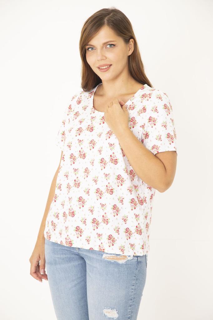 Женская блузка большого размера Плюс размер костяной хлопчатобумажной ткани с круглым вырезом и узором Блузка