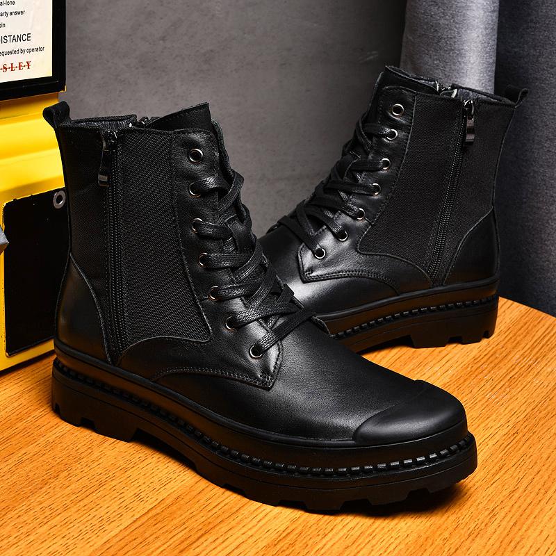 Мужские повседневные ботинки, классические черные уличные ботинки, высококачественные ботинки из натуральной кожи для мужчин, мотоциклетные ботинки с толстой подошвой, мужские ботинки