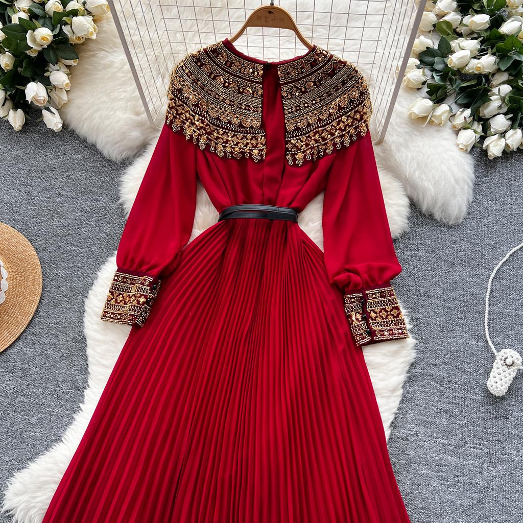 Temperament Robe Femme Maxi Dresses for Women Long Sleeve O-neck Sequin Slim Waist Vintage Pleated Dress 2025 Vestidos De Mujer