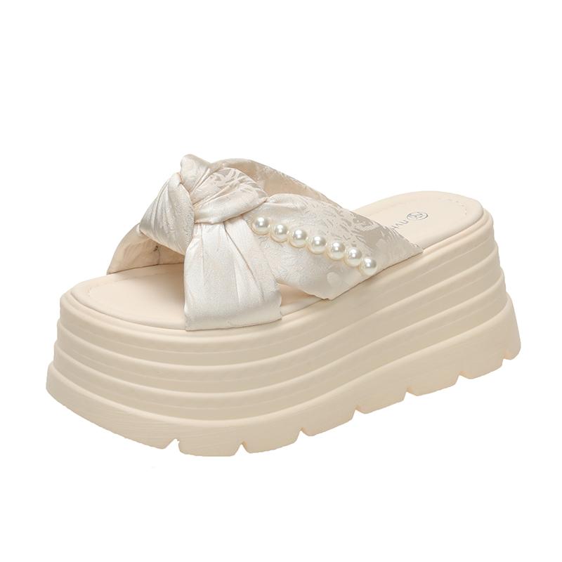 Aphixta Жемчужные сандалии на платформе, шлепанцы на высоком каблуке 8 см, женские шлепанцы, обувь, шлепанцы-клинья, летние пляжные шлепанцы с бусинами
