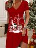Fashion Women's V Neck Short Sleeve  Christmas Snowman Printed  Dress Sex Short Skirt Dresses