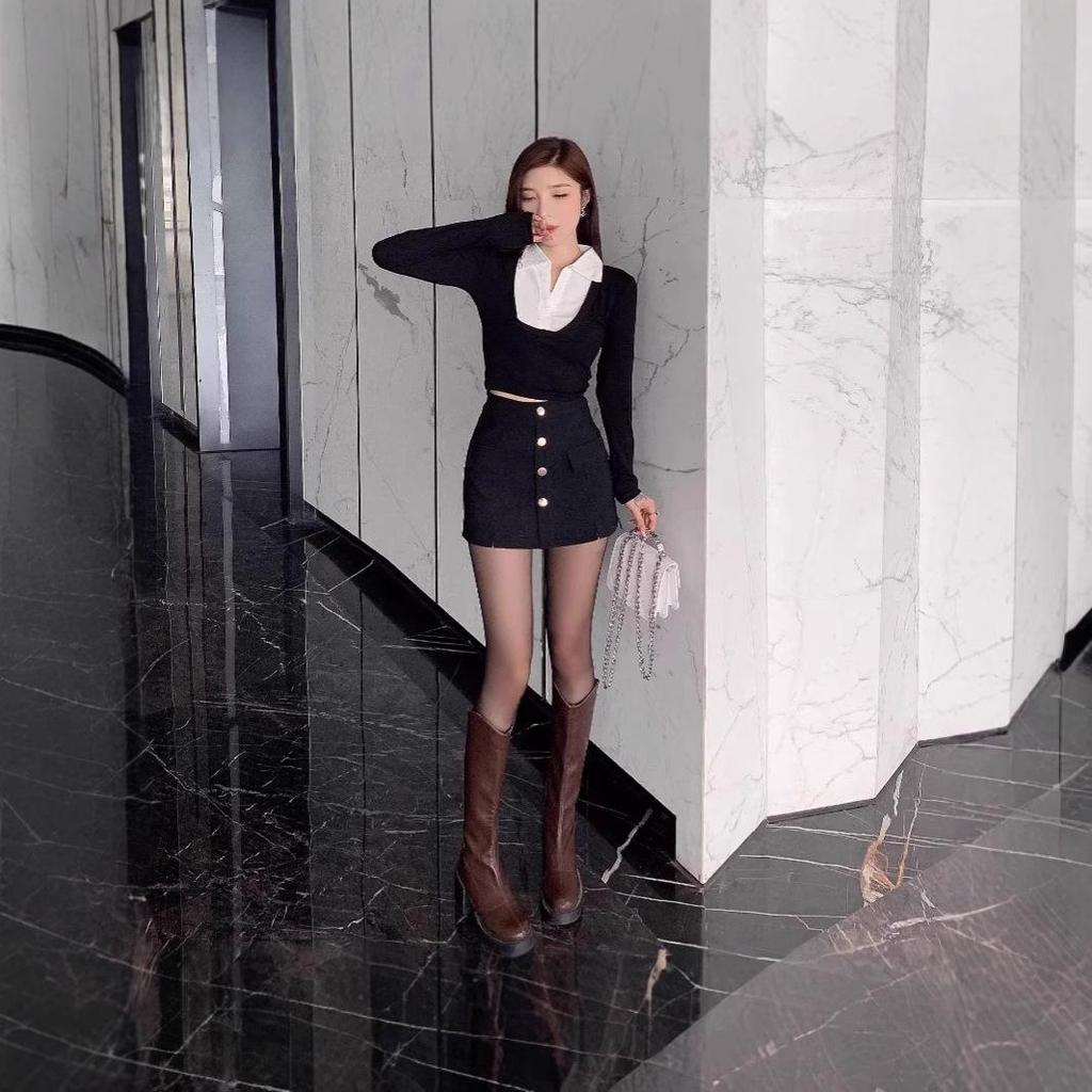 High-Waist Slimming Black Booty Shorts with Button Design