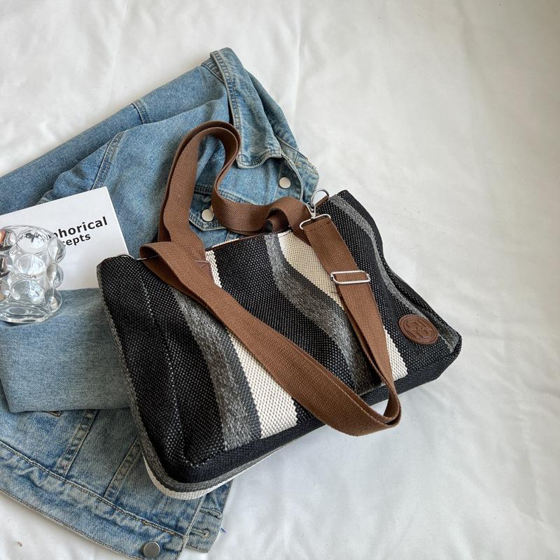 Canvas Bag Striped Tote Bag New Women's Bag Sweet Contrasting Color Handbag Crossbody Bag Large Capacity