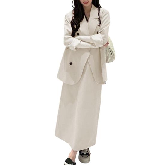 Женский костюм из 2 предметов, пальто, юбка, двубортный пиджак с длинными рукавами и лацканами, средней длины, свободная юбка с высокой талией, формальный деловой стиль, наряд