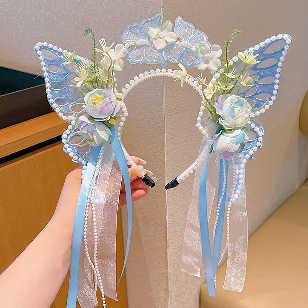 Mesh Big Butterfly Wing Hairpins Sweet Elf Ear Headband Lovely Flower Headband Kids Gift