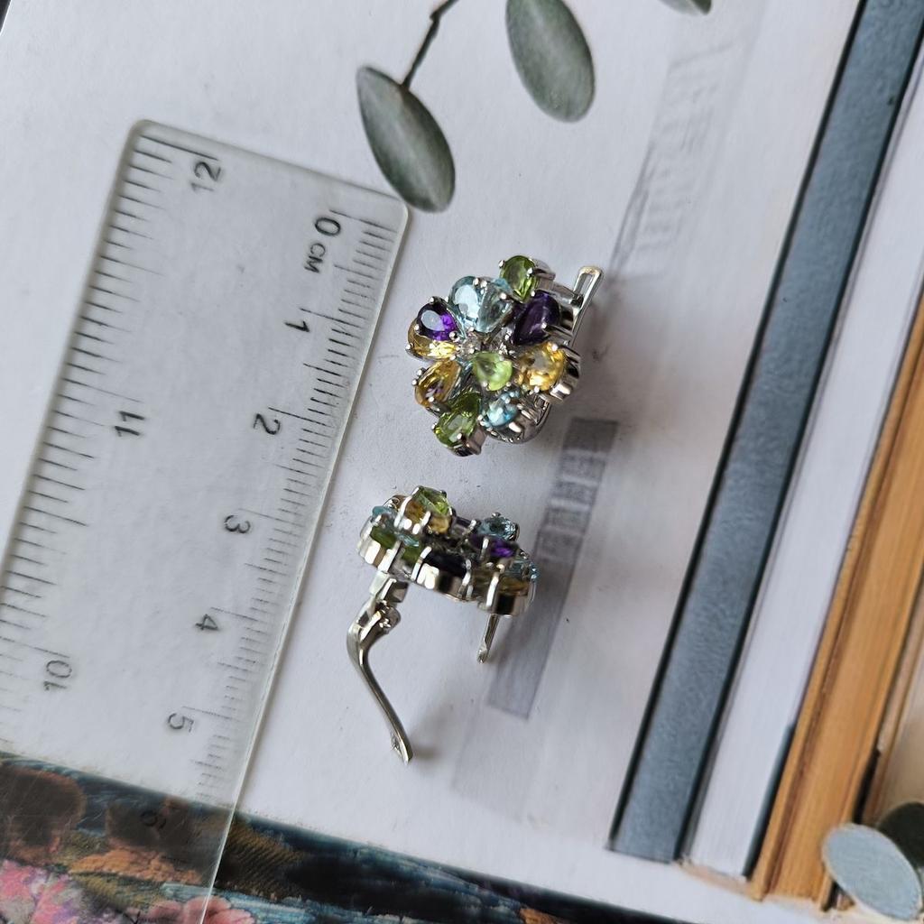 Серебряные серьги с натуральным аметистом 8.24ct, цитрином, хризолітом, топазом (2193227)