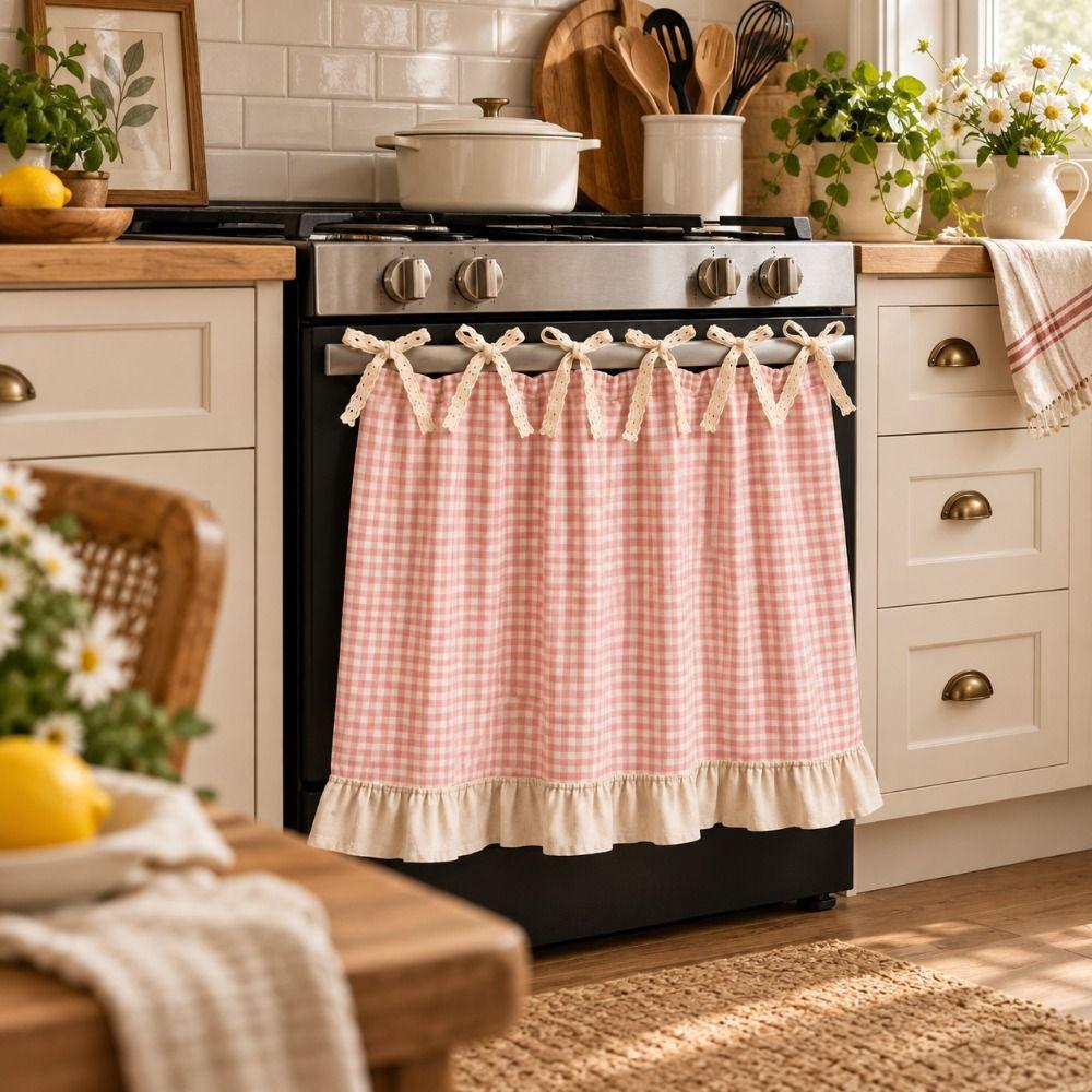 Cotton Linen Blend Kitchen Oven Door Valance Ruffle Trim Rustic Oven Decor Curtain Dishwasher