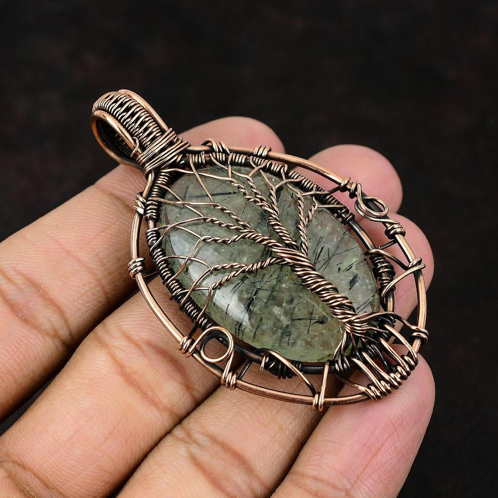 Tree Of Life Moss Prehnite Pendant Gemstone Copper Wire Wrapped Pendant Handmade Designer Jewelry Unique Moss Prehnite Pendant Gift For Love