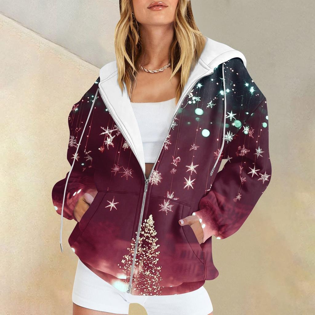 Женская мода повседневная рождественская принтовая толстовка зимняя с длинным рукавом кардиган куртка с карманом на молнии толстовка с капюшоном куртка