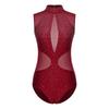 Womens Figure Skating Dance Leotard Sparkly Rhinestones Sheer Mesh Patchwork Sleeveless Cutout Back Bodysuit for Gymnastics