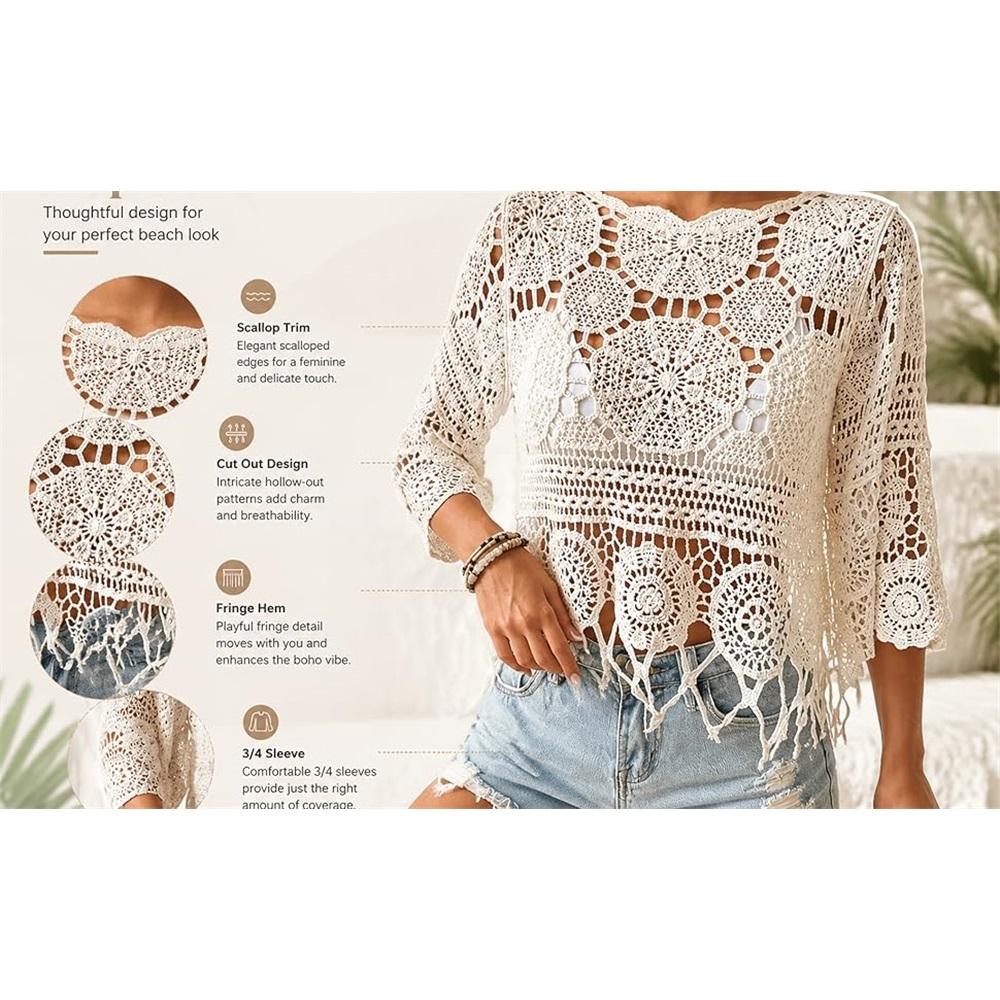 Women's Plain Fringe Trim Cut Out Sheer Cover Up-Boho Scallop Trim 3/4 Sleeve Beach Sarong for Vacation Poolside