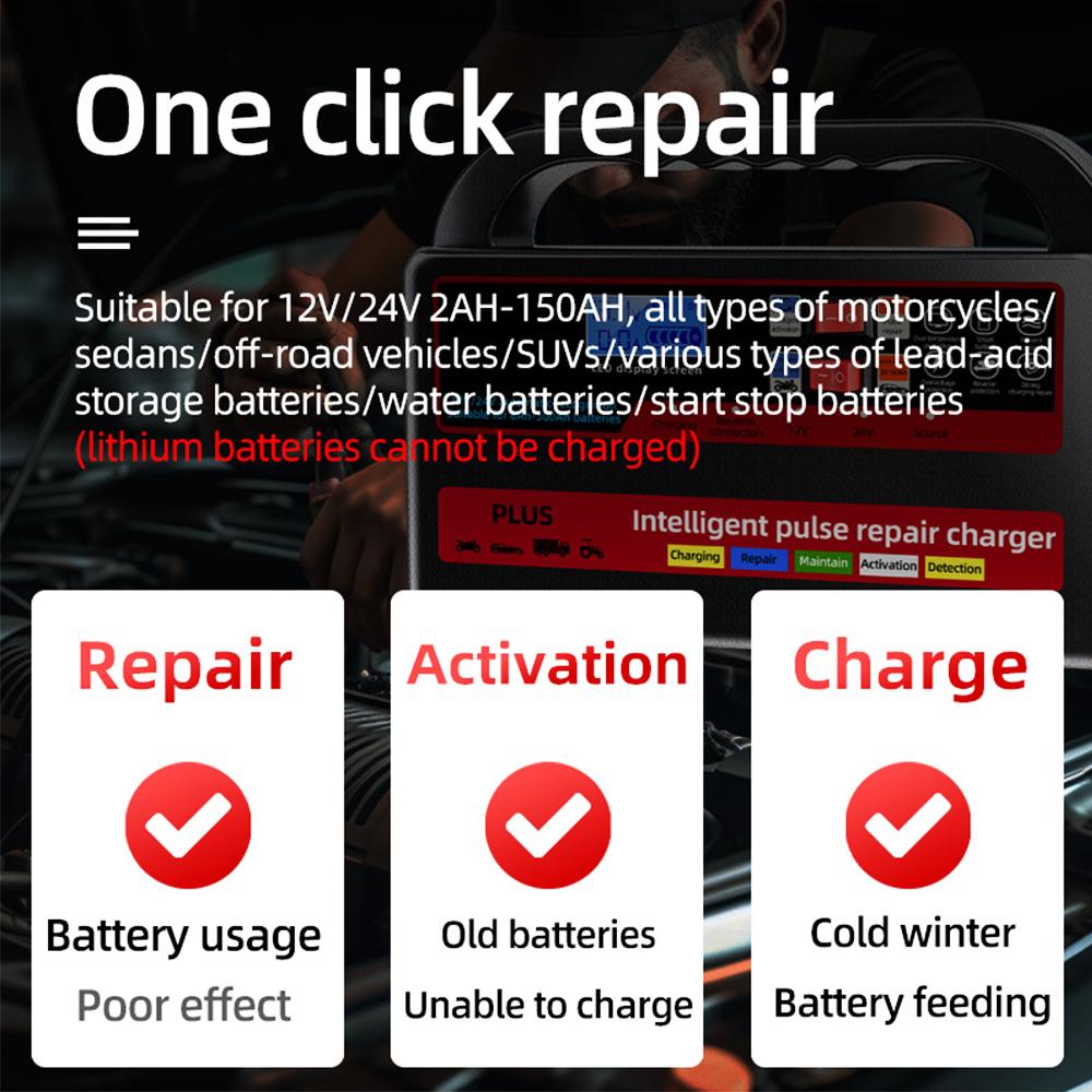 130W Power 24V 12V Car Battery Charger Intelligent Automatic Pulse Repair Digital For Lead Acid Batteries Household Storage Cell