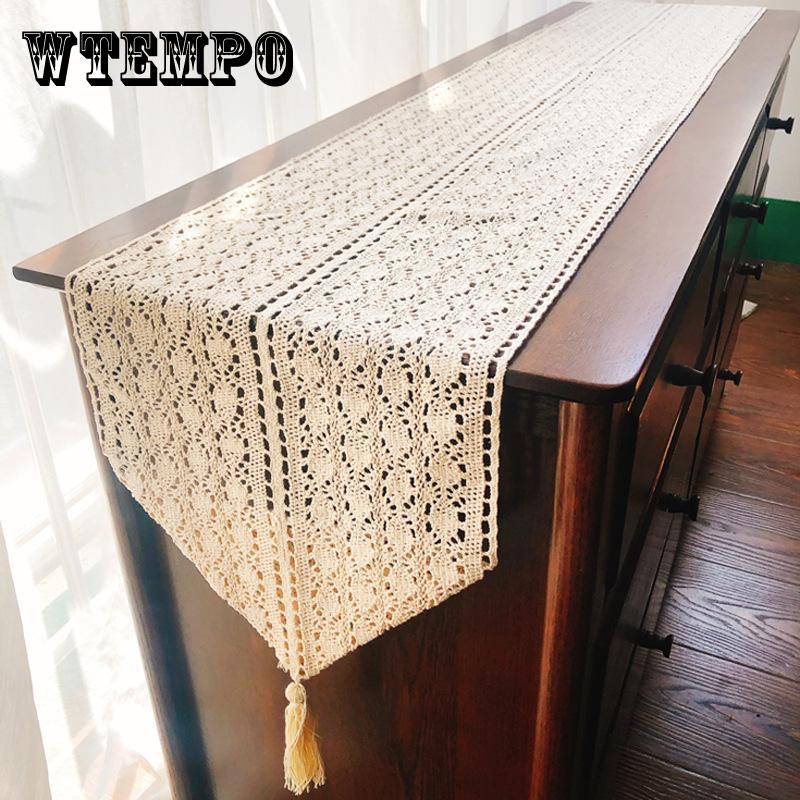 French Lace Rectangular Polyester Linen Woven Table Runner - Decorative Table Cover with Hollow Crochet Design for Coffee Table, TV Stand, Long Table