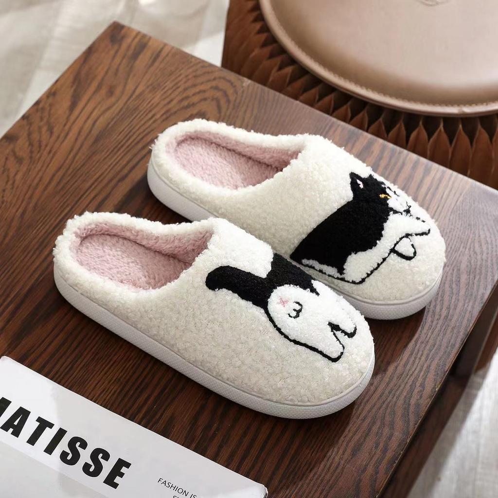 2025 Lovely Cat Embroidery Stuffed Slippers Home Men Women Furry Shoes 2024 Autumn Winter Fur Slides Fuzzy Fun Animal Pet Slippers