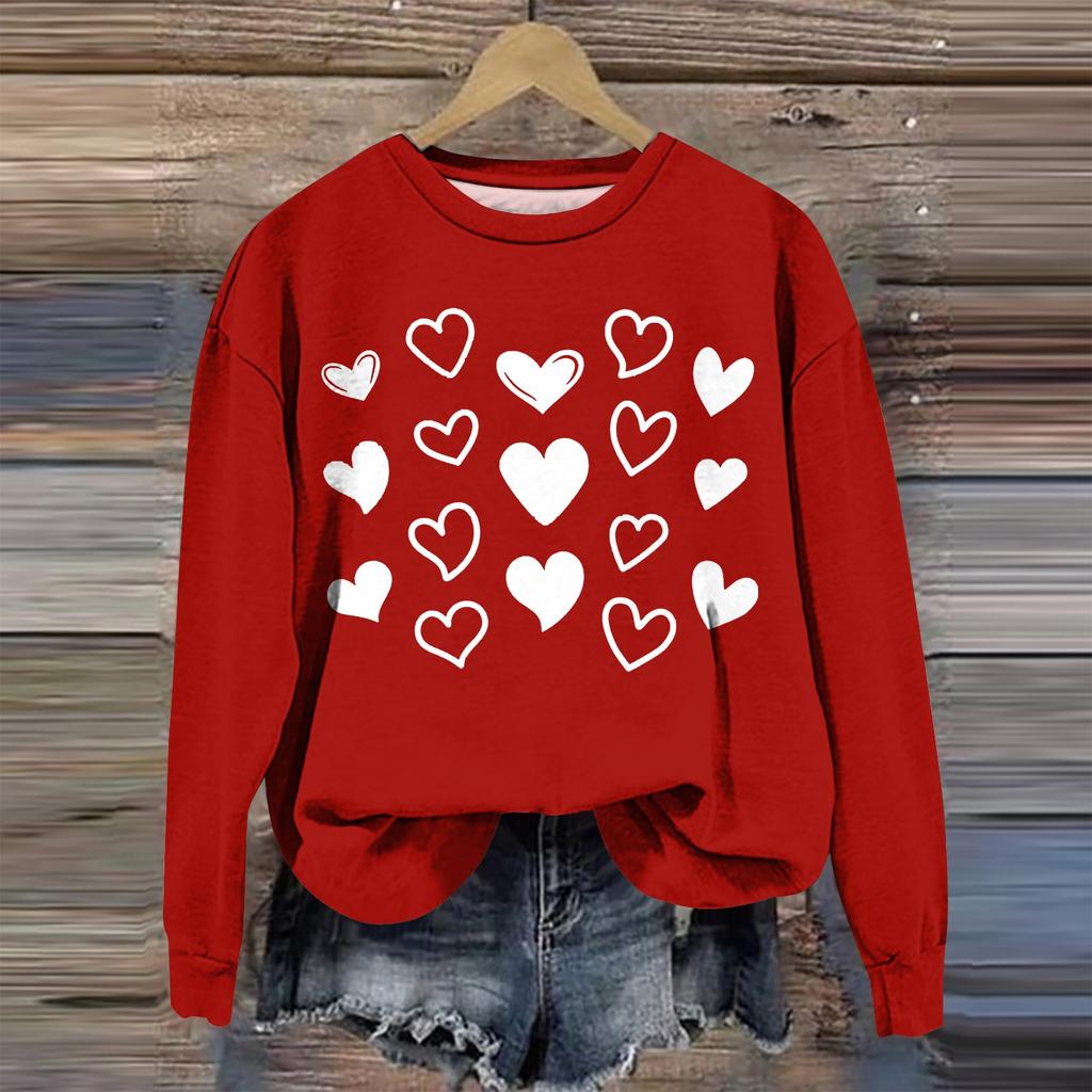 Женская мода День святого Валентина Печатный длинный рукав свободный круглый вырез толстовка Топ осень