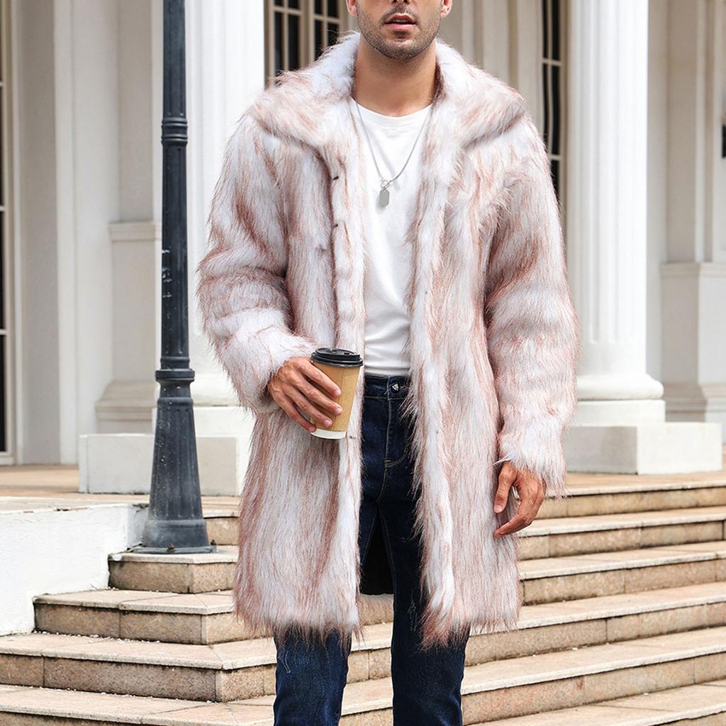 Men's Faux Animal Hair Long Coat Warm Overcoat Turn Down Collar Coat Cardigan Winter Fuzzy Fleece Jacket Open Front