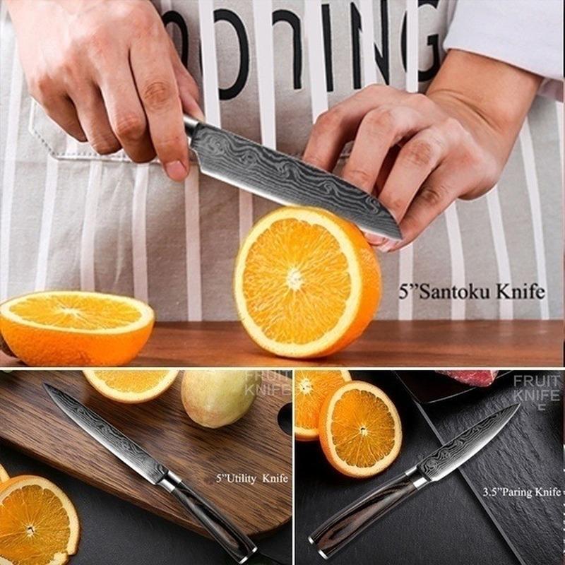 7-piece Laser Damascus Pattern Chef's Knife Sharp Santoku Meat Cleaver Slicing Utility Knife Tool
