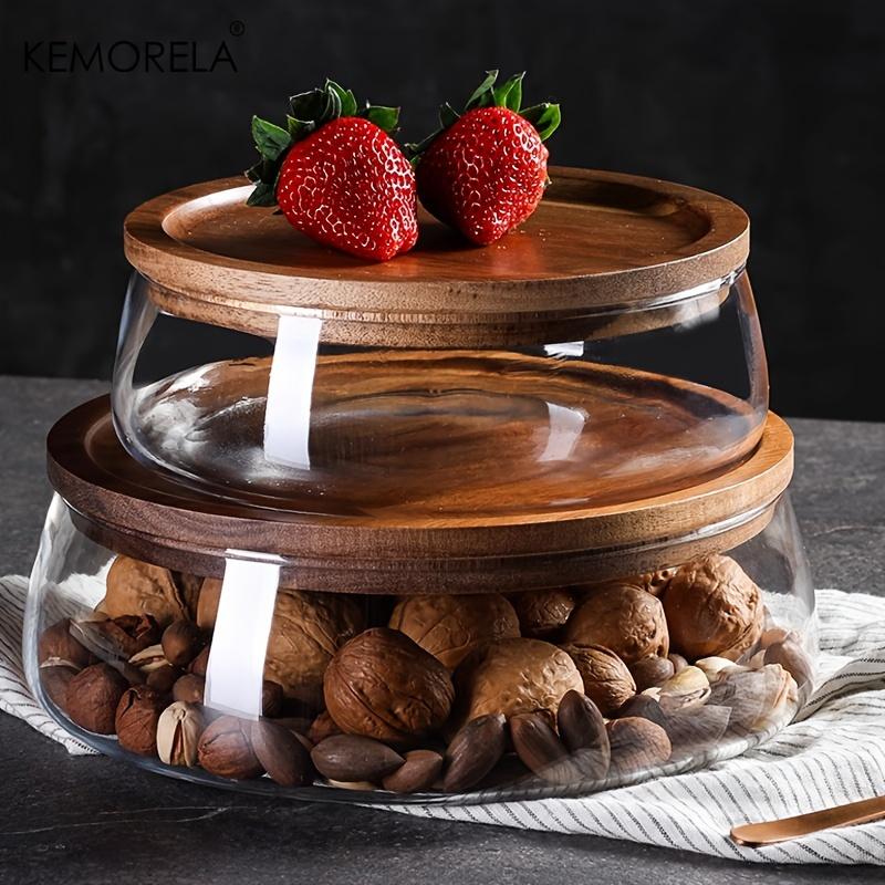 KEMORELA 1 шт. Стеклянные контейнеры для хранения продуктов с деревянной крышкой, кухонный органайзер для хранения закусок, фруктов, конфет, орехов, мелочей