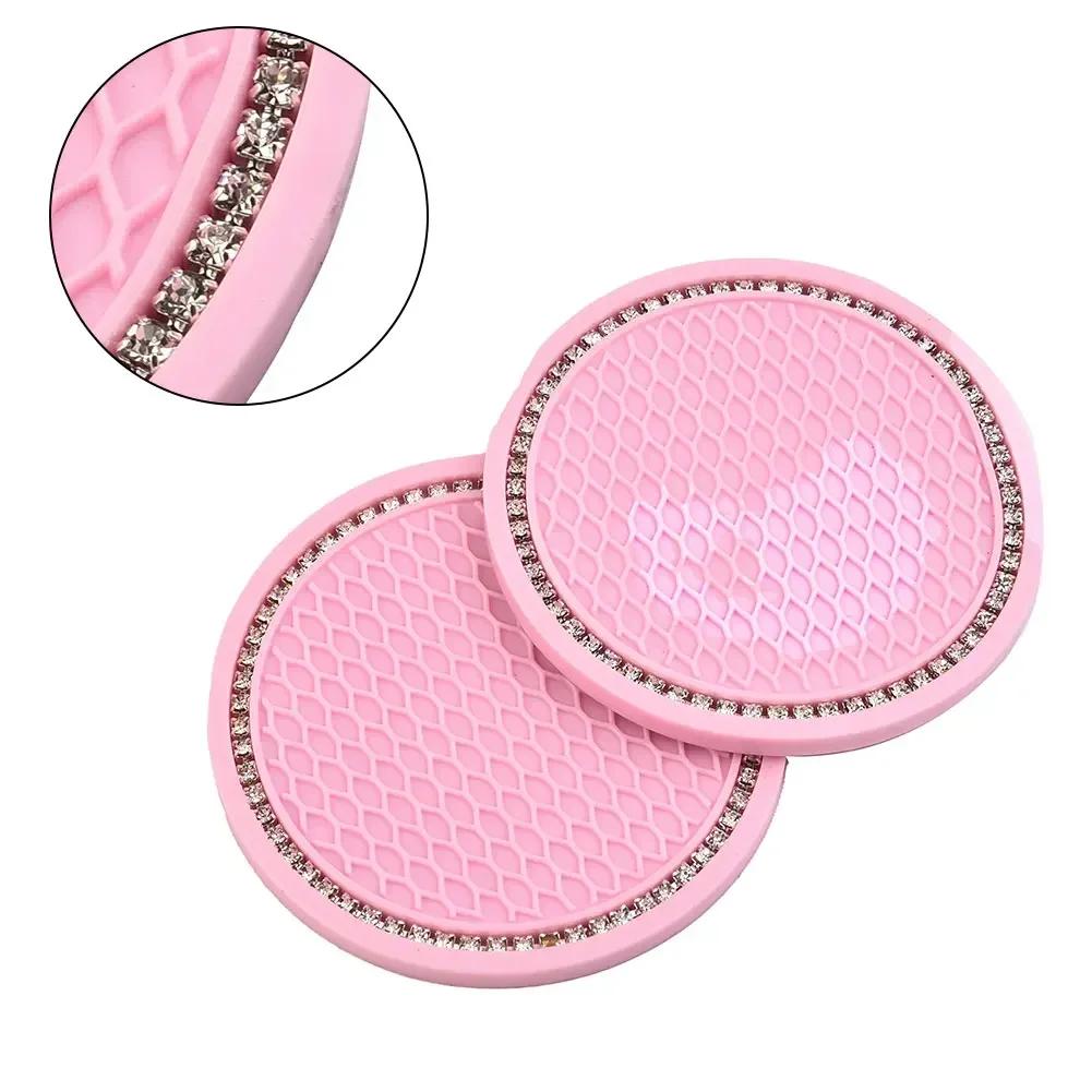 2 Pieces of Pink Cup Holder Mat, Car Cup Holder Mat, Pink Cup Holder Mat, Rhinestone Car Interior Accessories, Anti Slip Mat