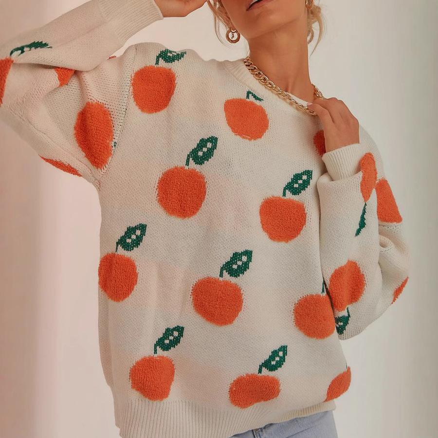 Осень и зима новый повседневный свободный свитер пуловер с круглым вырезом и длинными рукавами, вязаный, с оранжевым узором для женщин 3570 KTB