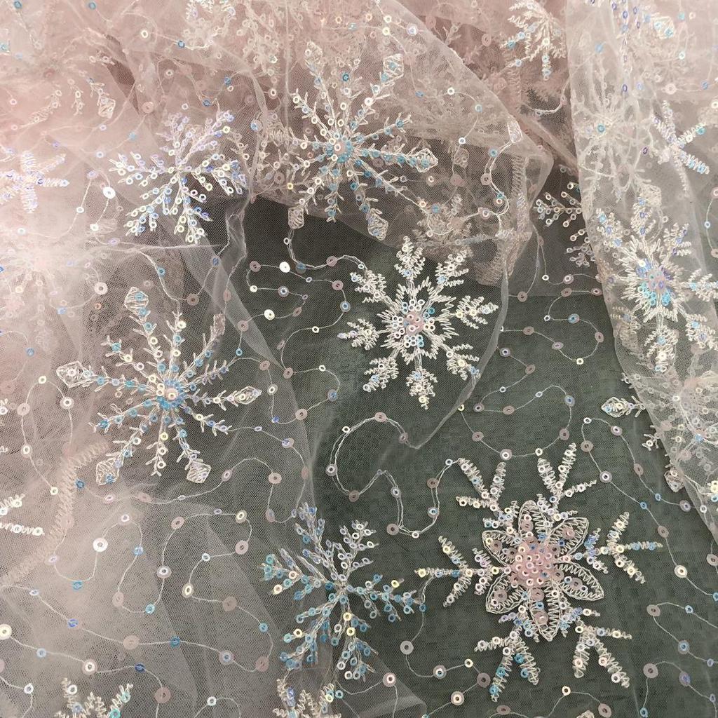 Blue Mesh Embroidery Snowflake Sequin Clothing Fabric DIY Women's Skirt Dress Doll Clothes Mesh Accessories