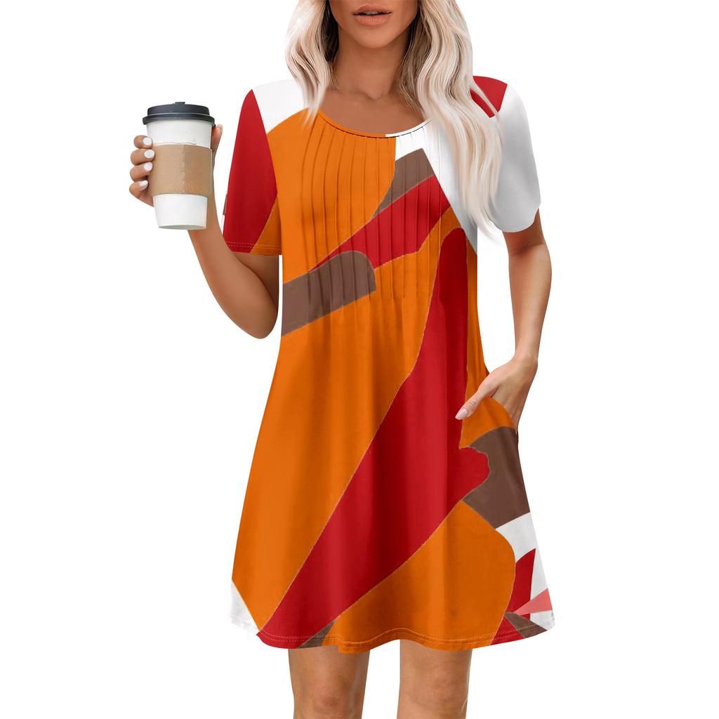 Women's Summer Dress Loose Beach Vacation Casual Round Neck Short Sleeve Sundress With Pocket Short Sleeve Shirt Dress