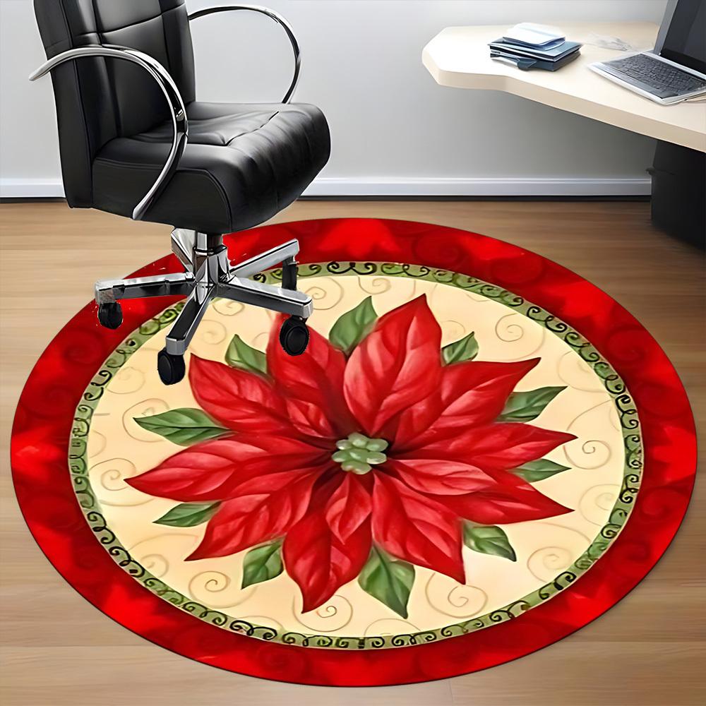 1pc Christmas Poinsettia Chair Carpet for Office, Round Non-Slip Durable Large Size Office Carpet, Suitable for Office, Beautiful Decoration
