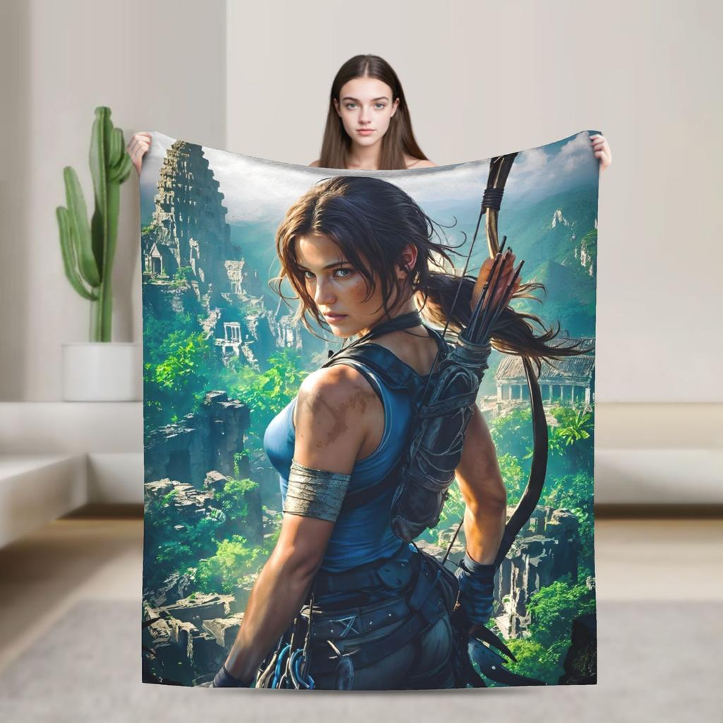 Tomb-Raider Lara Croft Fashion Blanket Survival Video Game Flannel Vintage Breathable Throw Fashion Blanket for Bedding Lounge Winter Travel