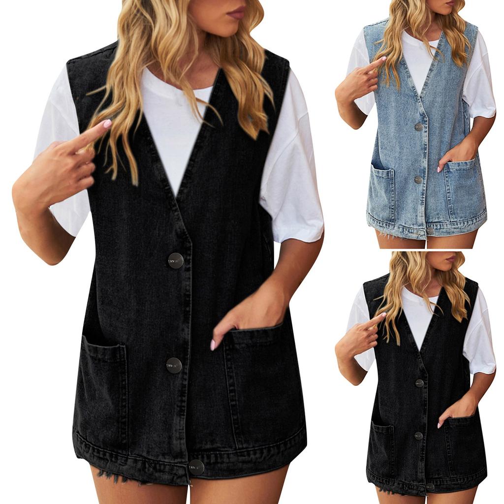 Women's Casual Denim Vest Vest Large Pocket Sleeveless Vest Jacket