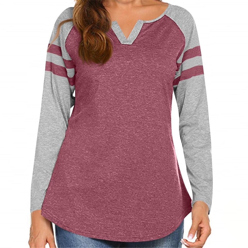 Женская повседневная модная полосатая футболка с длинным рукавом, V-образным вырезом, цветной блок