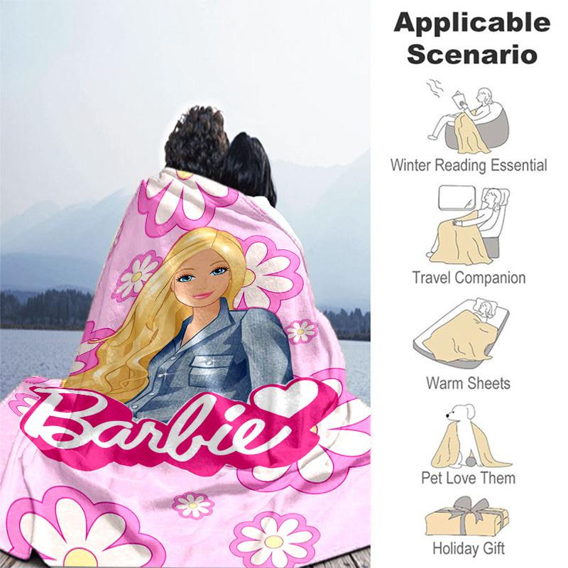 1 шт. Мультяшное одеяло Barbie с цветочным розовым фоном, портативное плед для путешествий и кемпинга, уютное одеяло для всех сезонов, идеальный подарок