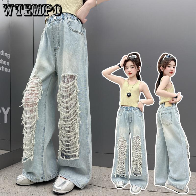 Джинсы с дырками для девочек, детские модные кружевные брюки с широкими штанинами, летние брюки