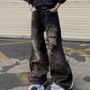 Men's Retro Distressed Ripped Jeans - Loose Straight Fit, Washed Wide-Leg Trousers
