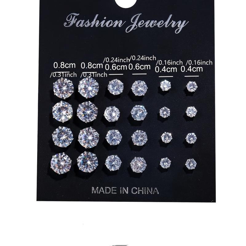 12 Pairs Six Claw Crystal Earrings Set Geometric White Shiny Zircon Wedding Stud Earrings Set for Women Men Jewelry Accessories
